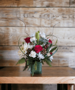 jmk Christmas centerpiece clear vase