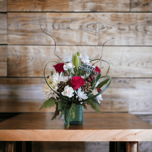 jmk Christmas centerpiece clear vase