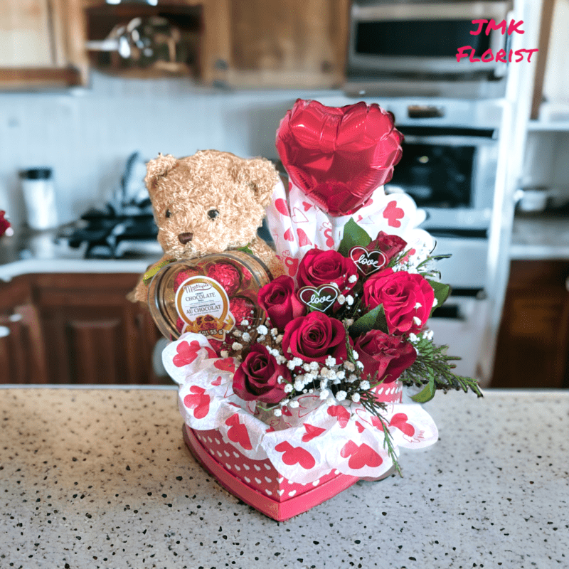 jmk combo 2 roses chocolate bouquet and teddy bear