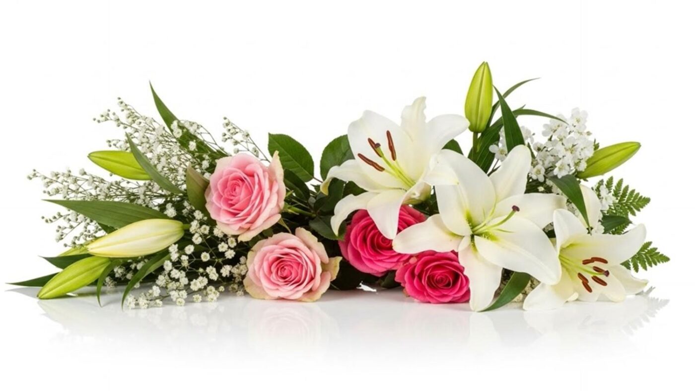 Elegant white lily and pink rose floral arrangement.