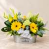 Yellow blooms in a silver garden planter 1.png